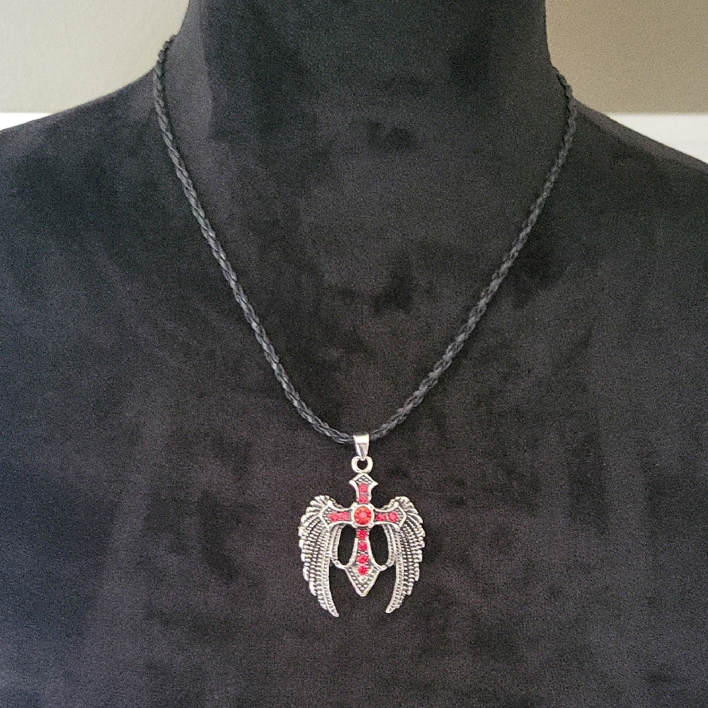 Silver and Red Winged Pendant Necklace